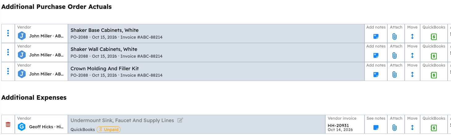 A bill from QuickBooks in the budget's Additional Expenses section, marked QuickBooks and Unpaid