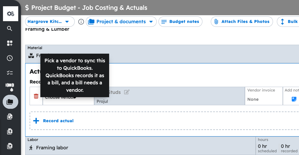 The Pick a vendor to sync this to QuickBooks message on an actual with no vendor
