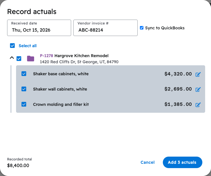 The Record actuals window with Sync to QuickBooks checked