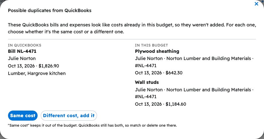 The Possible duplicates from QuickBooks window comparing a QuickBooks bill with two costs in the budget