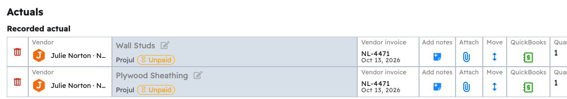 Two recorded actuals with green QuickBooks icons after syncing