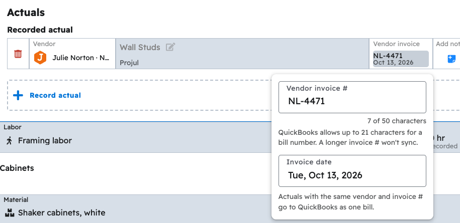 The Vendor invoice number and Invoice date fields on a recorded actual