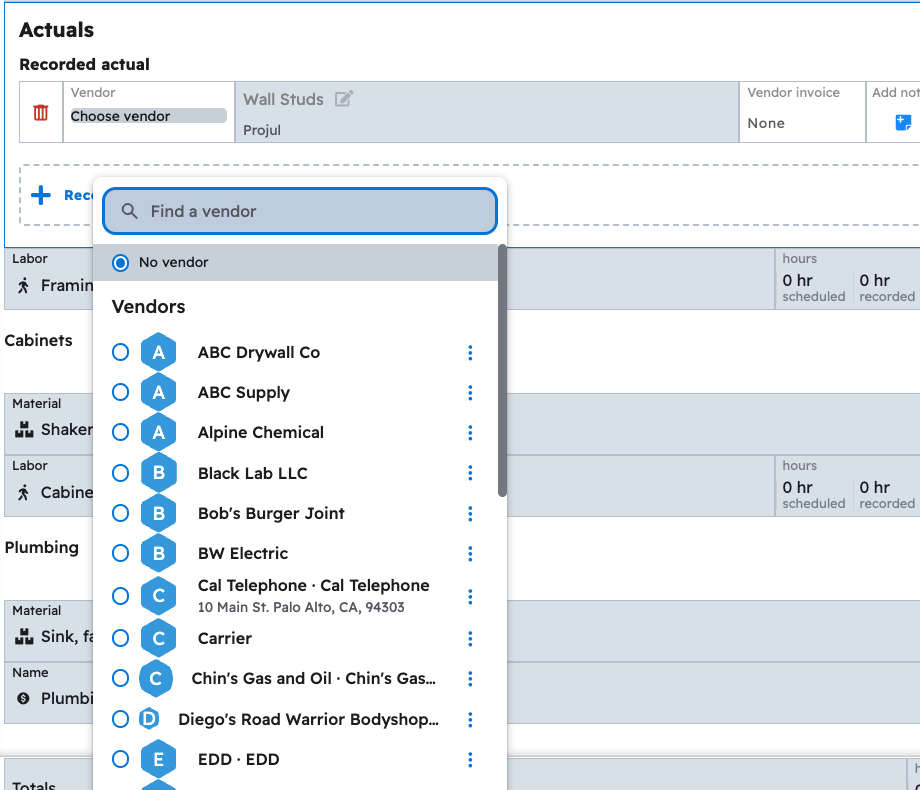 Choosing a vendor for a recorded actual