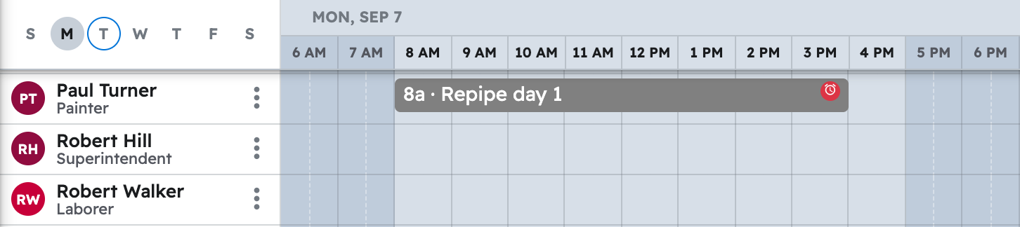 The schedule in projul for the week with first whole-house repipe task placed on a crew member day