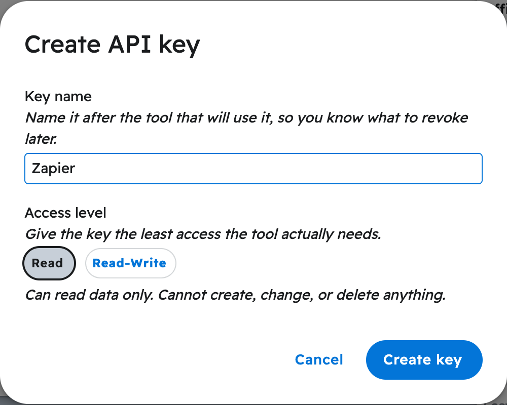 The create api key dialog in projul with the and access levels