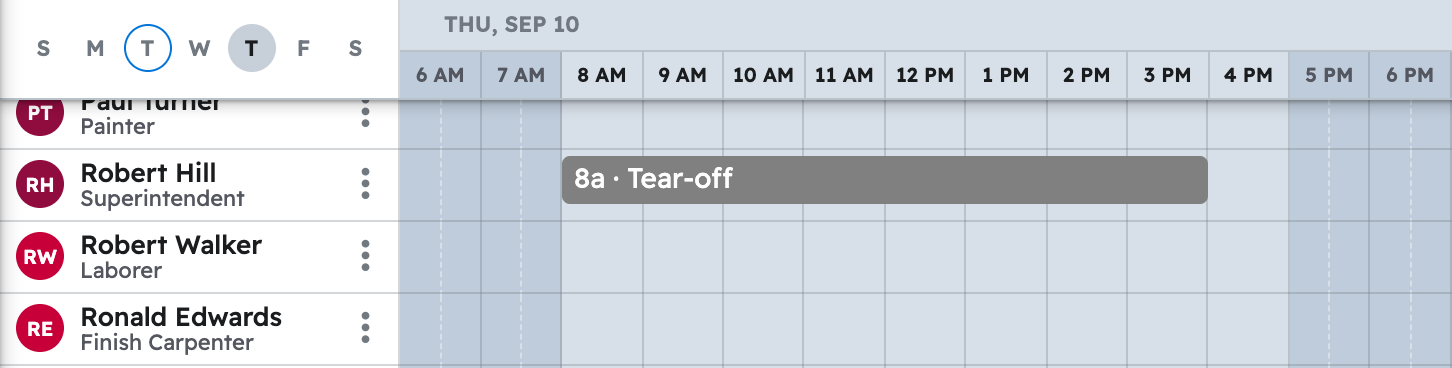 The schedule in projul for the week with first roof replacement task placed on a crew member day