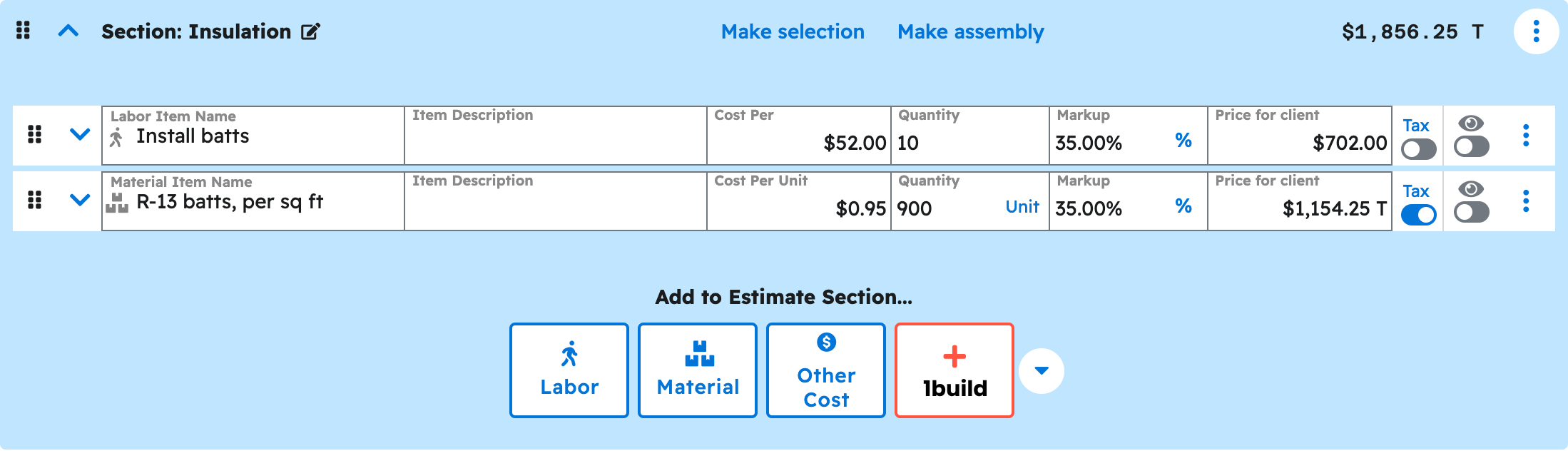 The estimate editor in Projul with the insulation section expanded showing the priced line items your ai added to basement finish drywall estimate