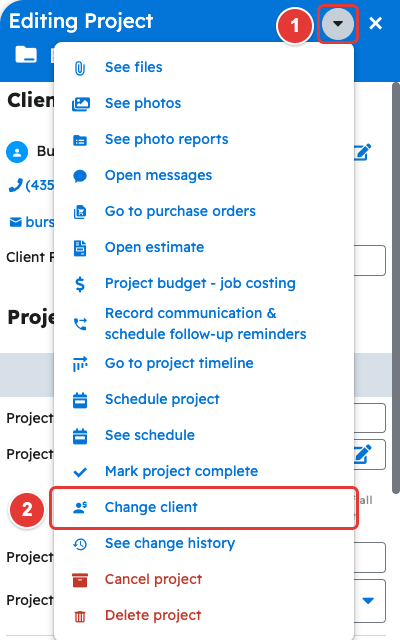 Change client in the Editing Project menu