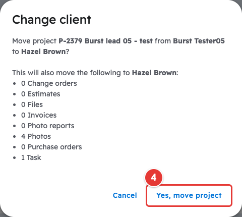 Change client confirmation with Yes, move project