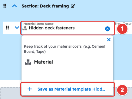 Material dropdown with Save as Material template