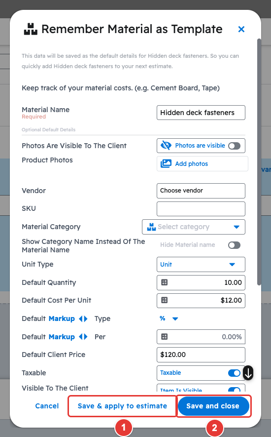 Remember Material as Template window