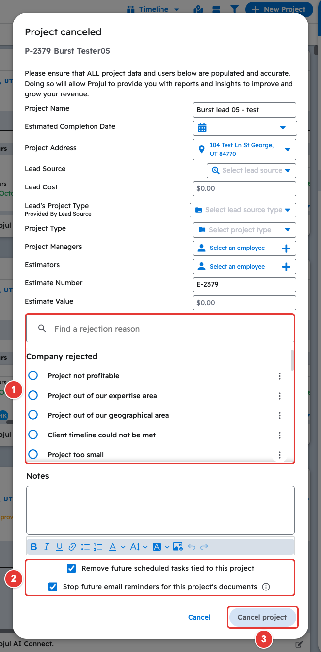 Project canceled popup