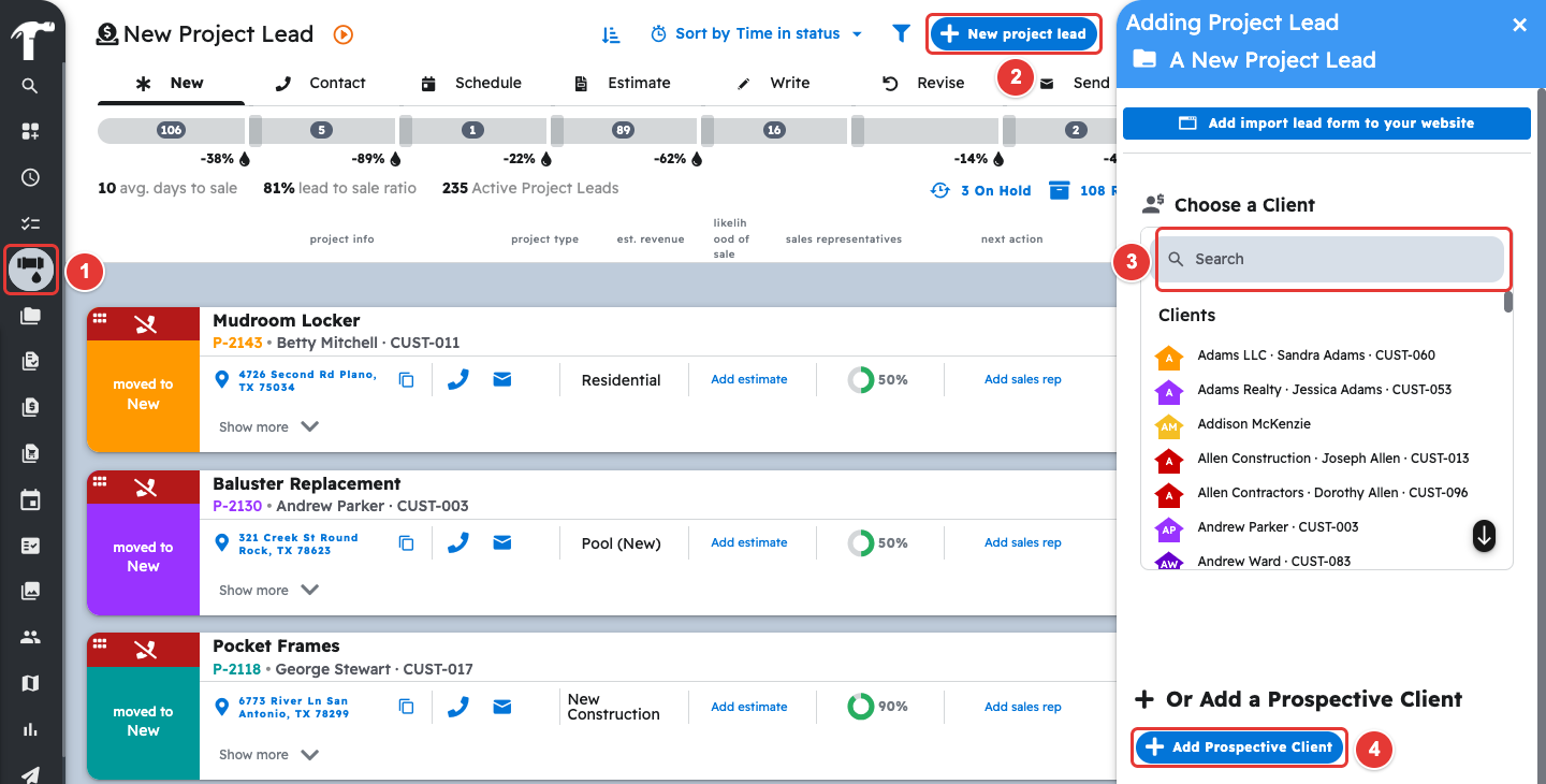 Lead pipeline with New project lead and the Choose a Client panel