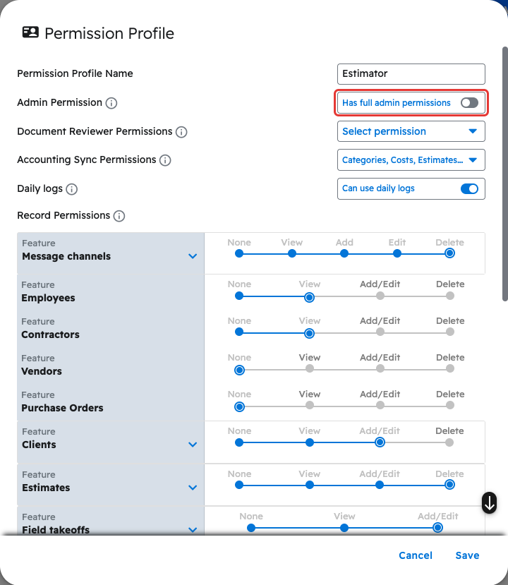 Permission Profile window