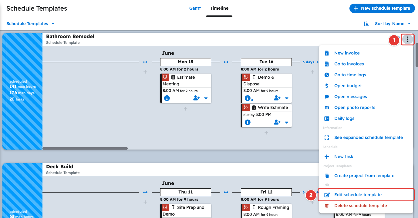 Schedule template 3-dot menu with Edit schedule template
