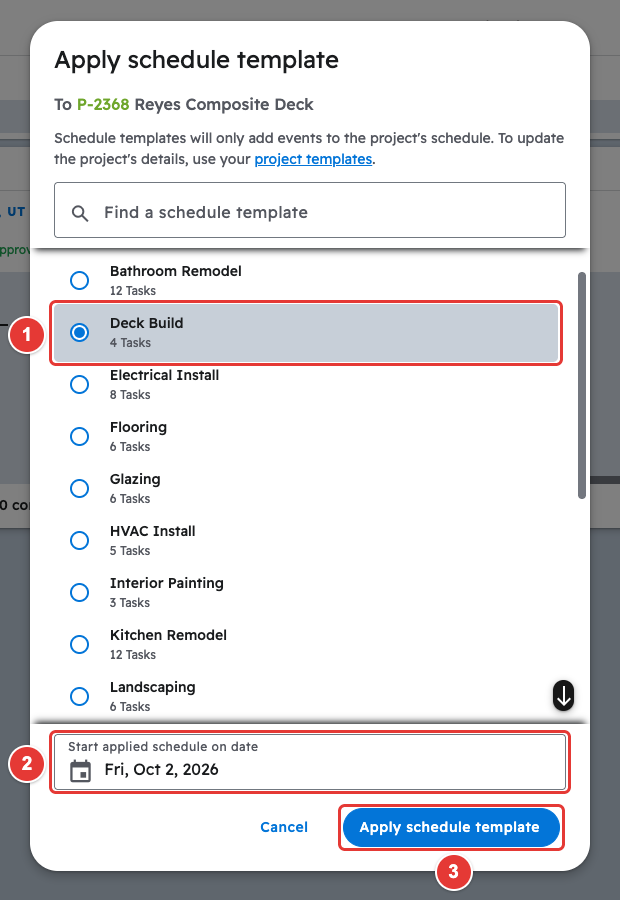 Apply schedule template window