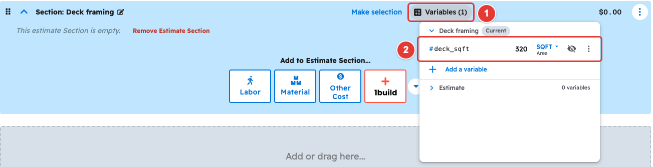 Section variables panel with a variable