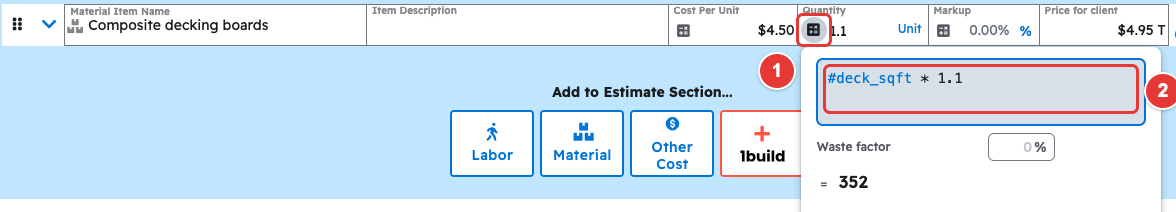Formula box on a cost line quantity