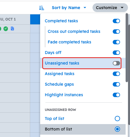 Customize menu with Unassigned tasks off