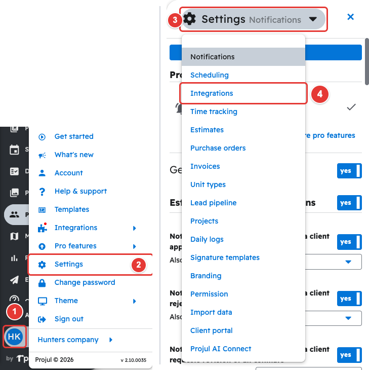 Settings in the account menu and Integrations in the settings dropdown