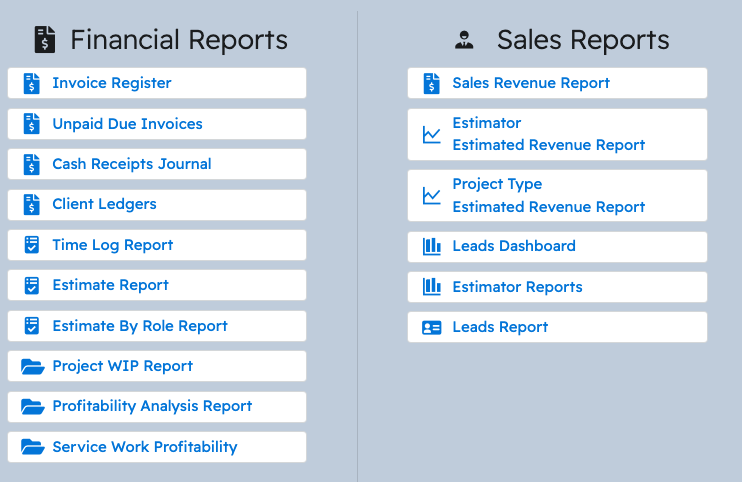 Reports page with Financial Reports and Sales Reports